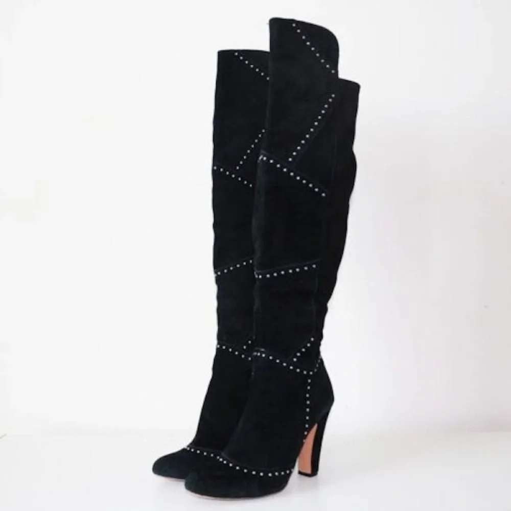 NWOB Vince Camuto VP Carlene Black Embellished Leather Suede Over The Knee Bo…